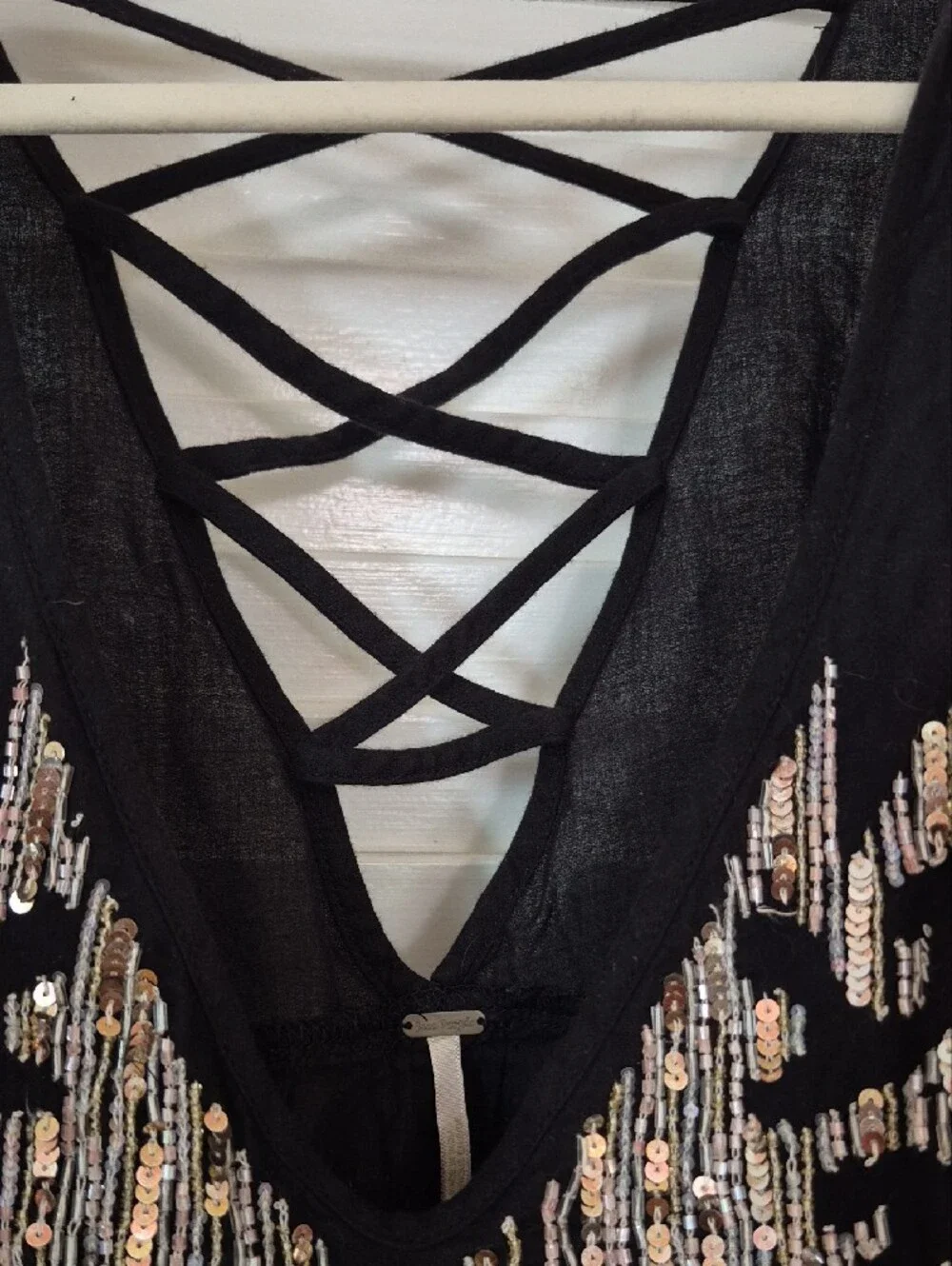 Free People Black Tiered Sleeveless Crisscross Tank with Sequin Fringe
